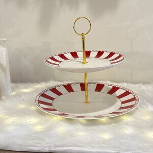 Grace Teaware Fine Porcelain Red Gold White Stripe 2-Tier Serving Plate NEW